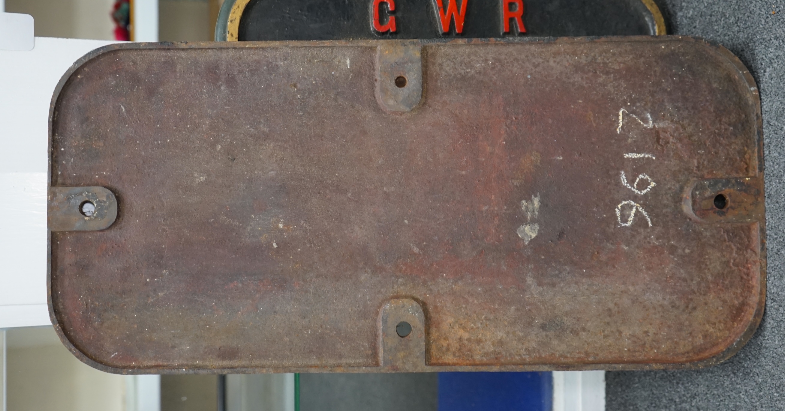 A cast iron GWR locomotive cab side number plate for an 0-6-0ST locomotive, ‘Gwendraeth’ 2196, built in 1906 by the Avonside Engine Company for the Burry Port and Gwendraeth Valley Railway, withdrawn by BR in 1956, dimen